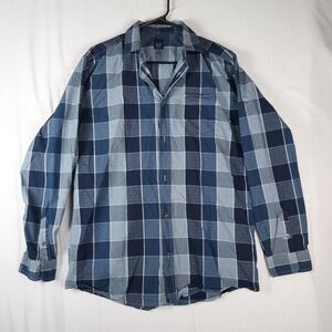 Saks Fifth Avenue BLUE Slim Fit Men’s Shirt L Large Plaid Long Sleeve Casual